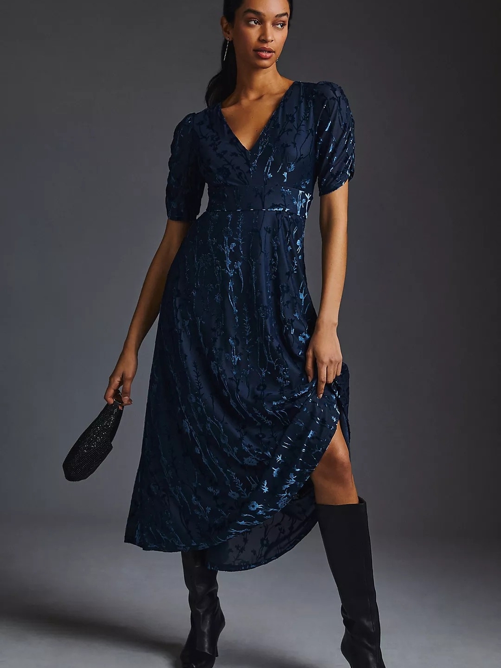 Hutch Anthropologie V-Neck Navy Floral Midi Dress